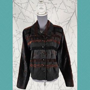 Linda Lundstrom Black Crinkle Embroidered Button Front Jacket Whimsigoth